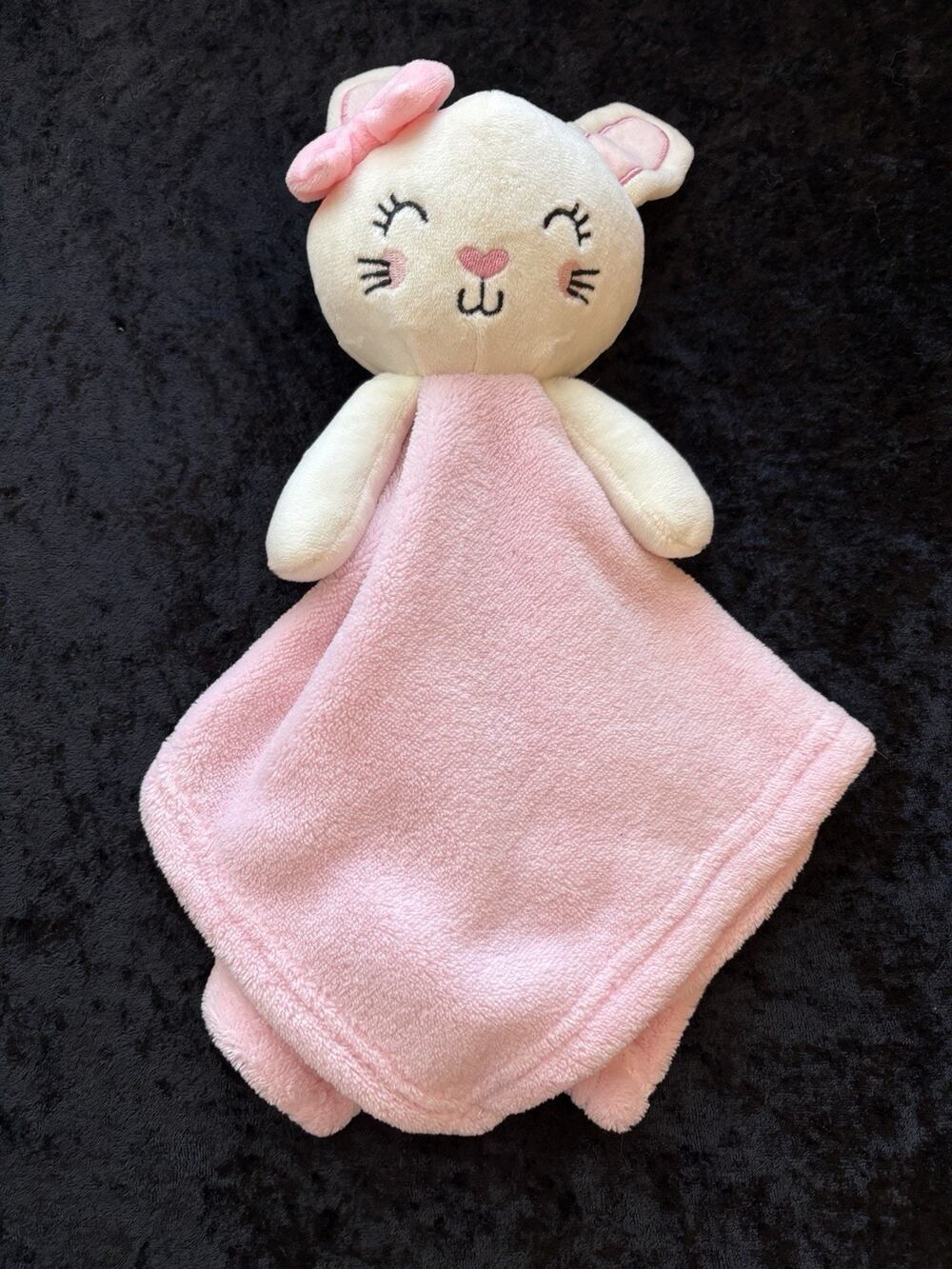 Bunny Rabbit Lovey Baby Security Blanket Long Ears Plush Fleece Bow White Pink